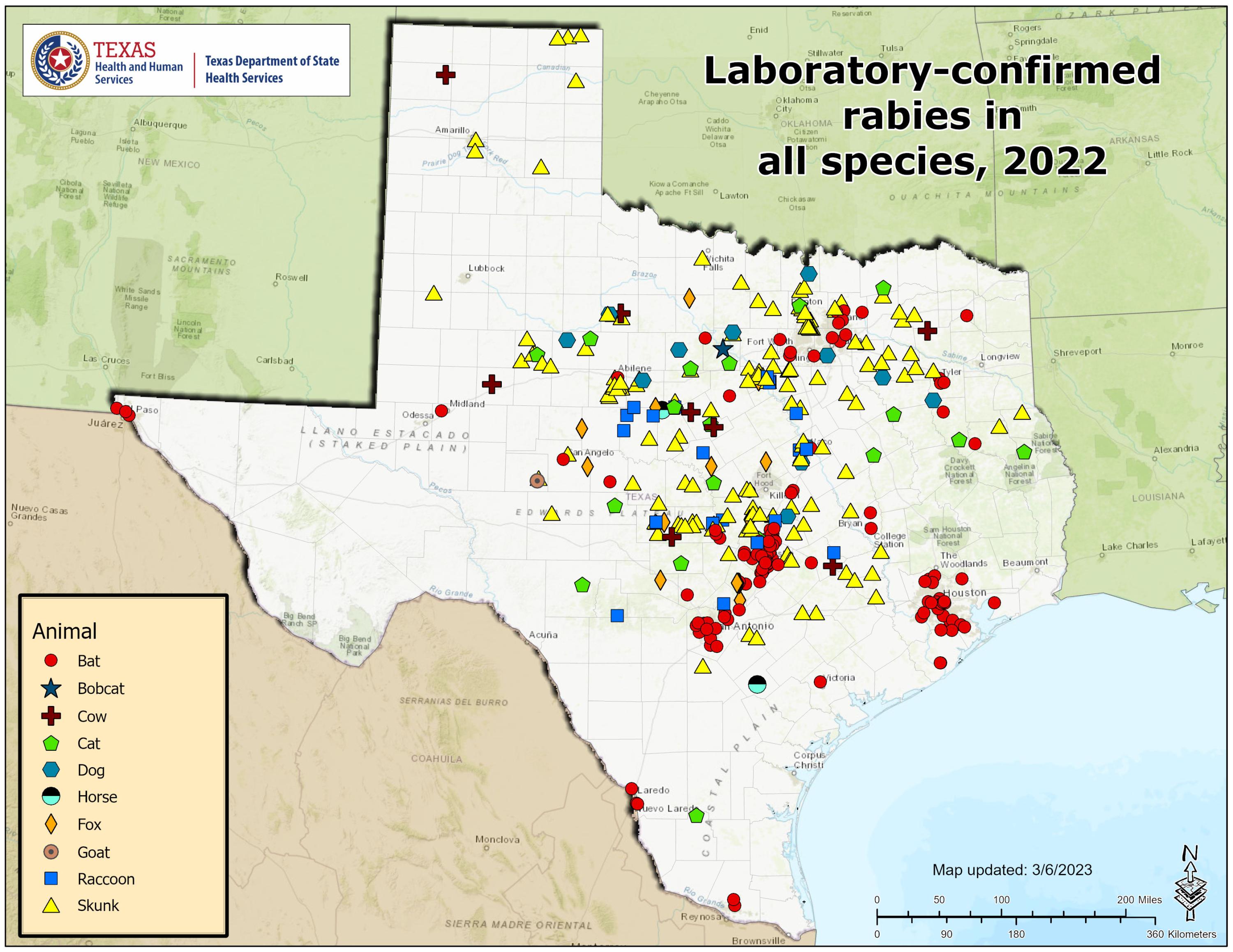 Rabies Maps 2022 Texas DSHS